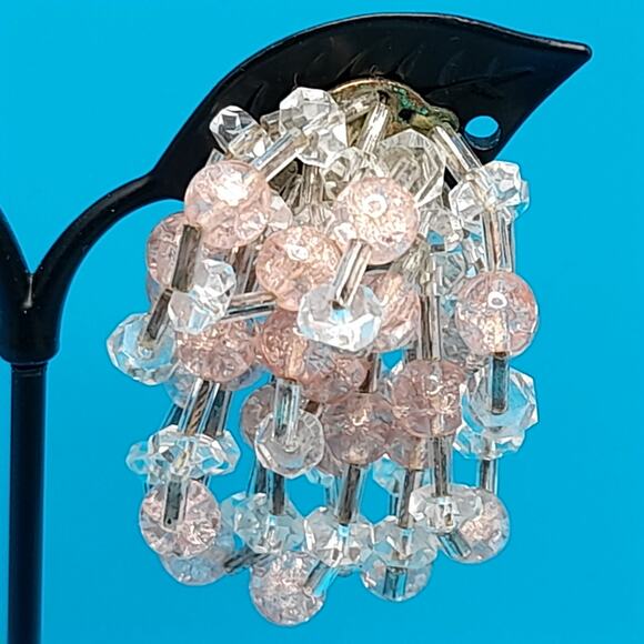 Vintage Pink Clear Waterfall Clip Earrings, Hand-Threaded, 1940s, 2" - Picture 3 of 12